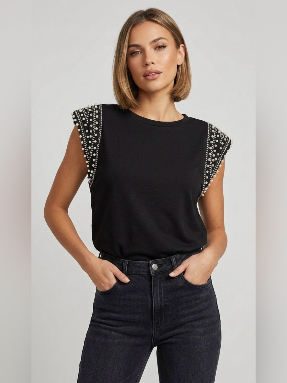 On 12th Black Pearl & Rhinestone Embellished Shoulder Pad Sleeveless Top